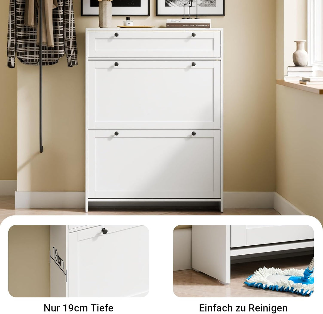 Smalt hvidt skoskab – plads til op til 8 par sko, med skuffer og foldedøre, ideelt gangmøbel til små lejligheder, 80 × 19 × 107 cm