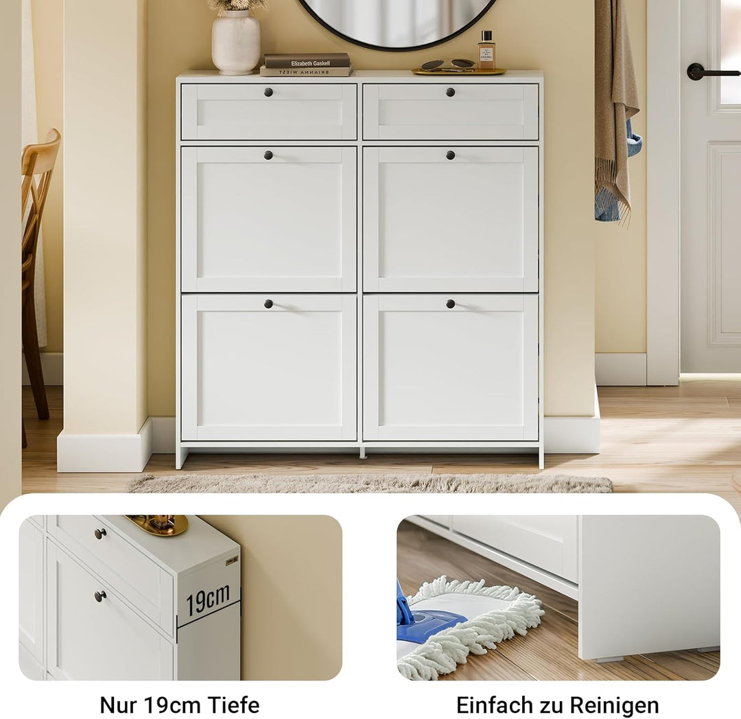 Smalt hvidt skoskab – moderne, pladsbesparende med plads til 12 par, inkl. anti-vippeanordning og silikonefødder, 100 × 19 × 107 cm