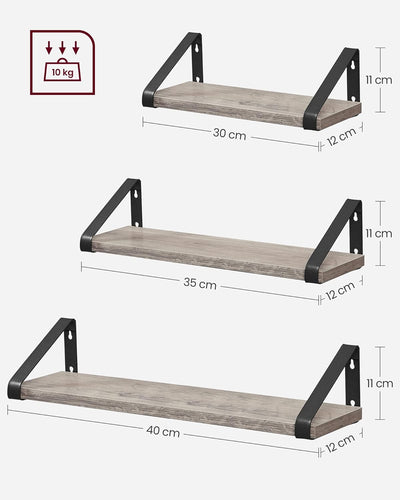 Sæt med 3 vægmonterede robuste hylder, industrielt-look og vintage-charme, greige