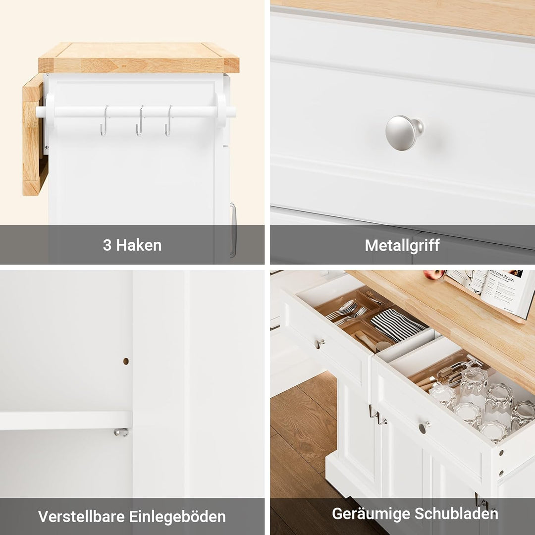 Stor køkkenø på hjul med udtrækkelig bordplade, mobil køkkenvogn med skuffer og opbevaring