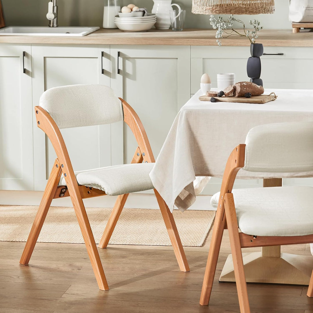 Sæt med 2 sammenklappelige, polstrede træstole i hvid – ergonomiske og pladsbesparende køkken- og spisebordstole, 47,5 × 77 × 59 cm