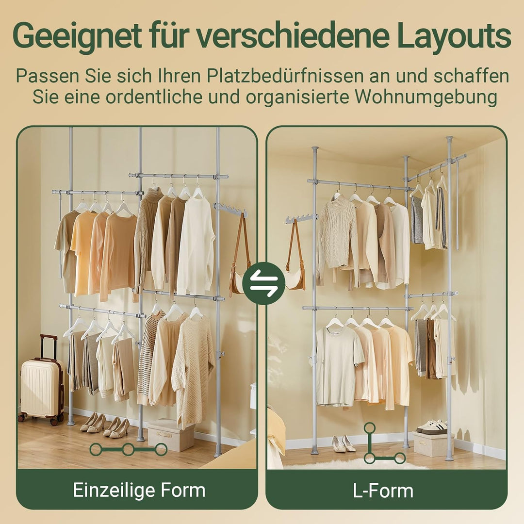 Teleskopisk tøjstativ, robust tøjstang, justerbar åben garderobe til soveværelse, garderobestativ, lysegrå