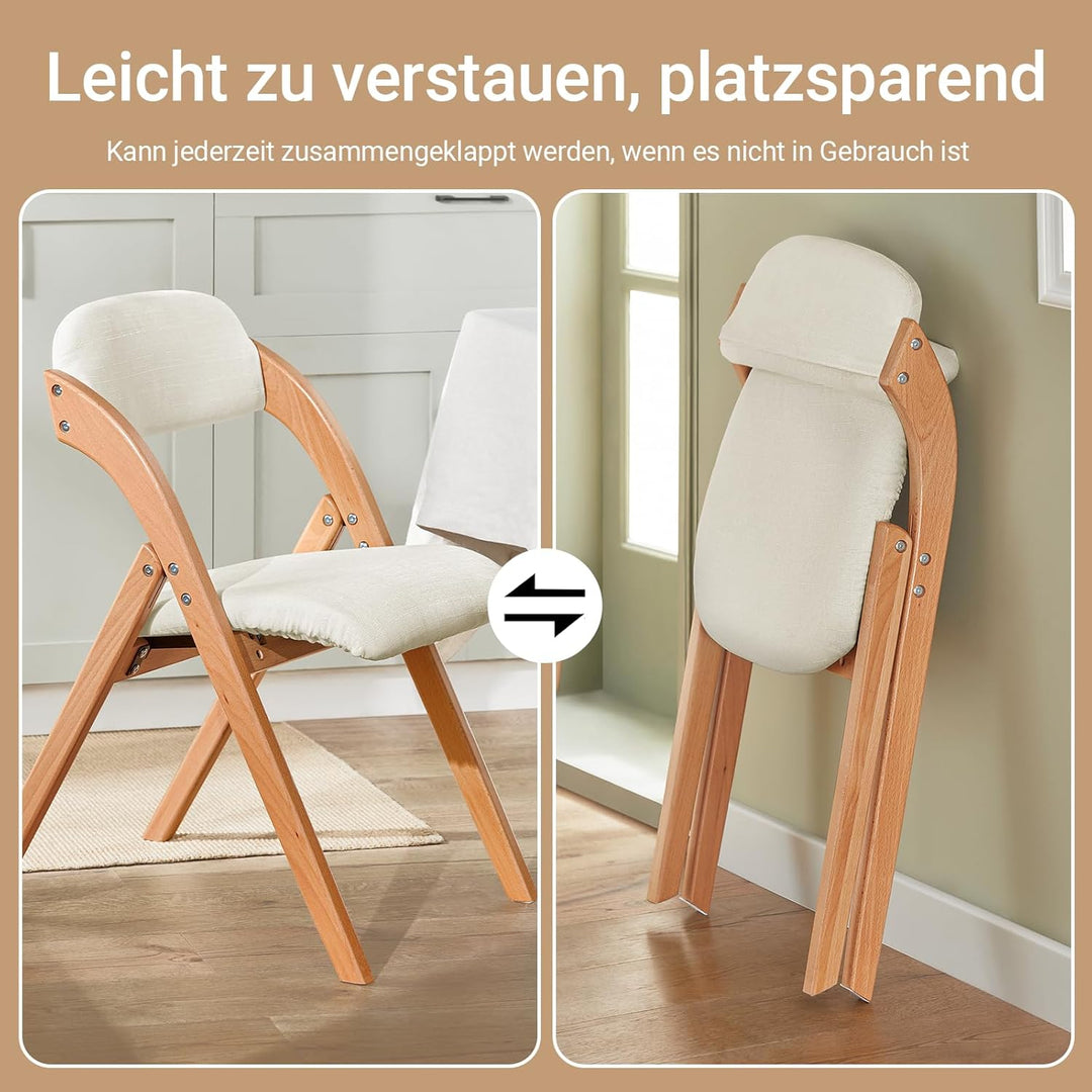 Sæt med 2 sammenklappelige, polstrede træstole i hvid – ergonomiske og pladsbesparende køkken- og spisebordstole, 47,5 × 77 × 59 cm