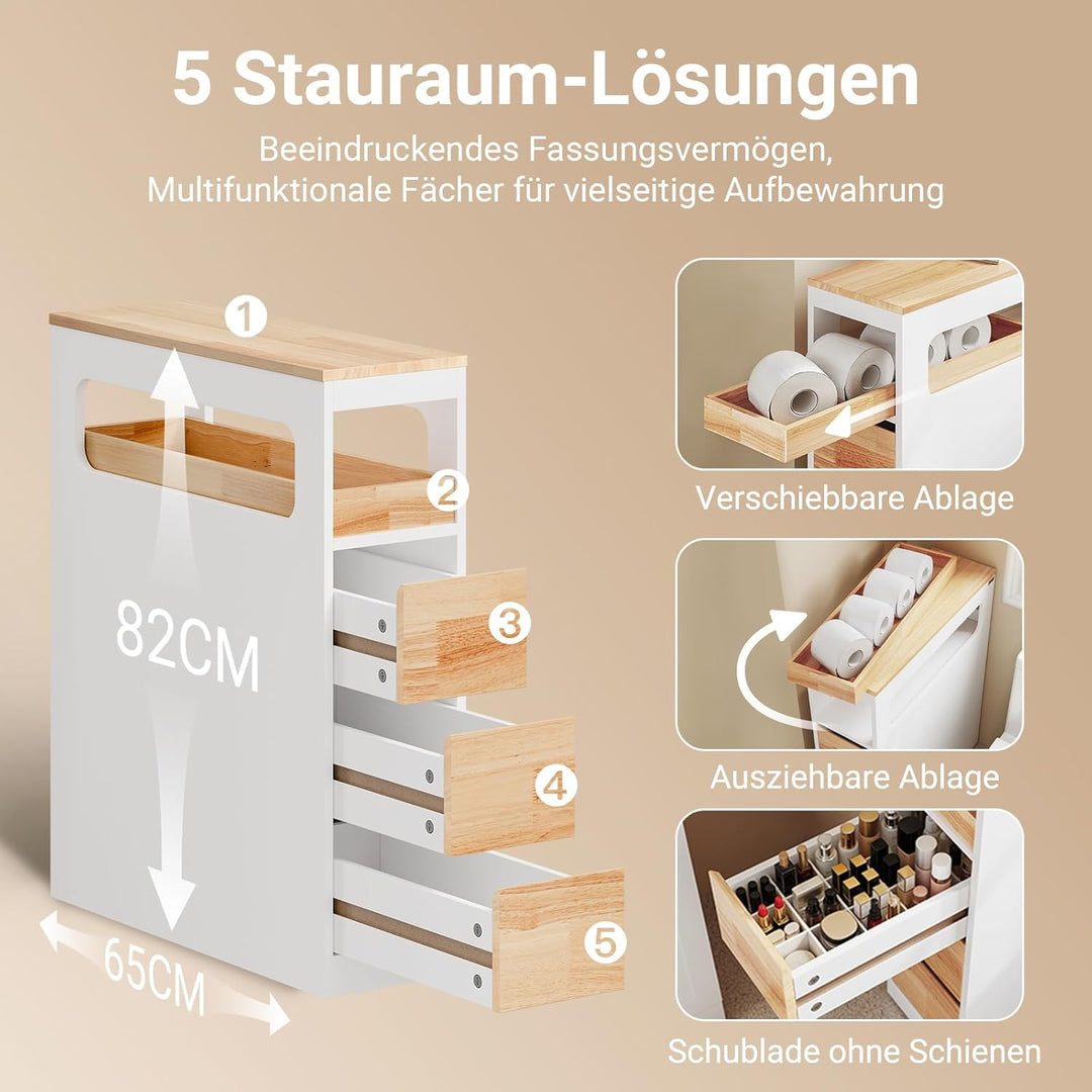 Smalt badeværelsesskab på hjul med 3 skuffer, pladsbesparende rullebord til badeværelse og toilet