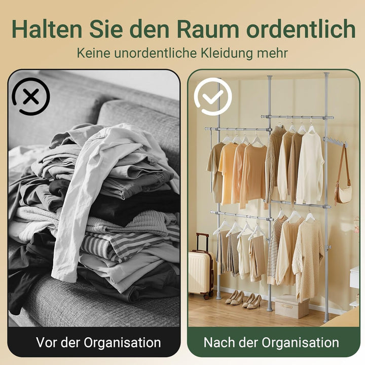 Teleskopisk tøjstativ, robust tøjstang, justerbar åben garderobe til soveværelse, garderobestativ, lysegrå