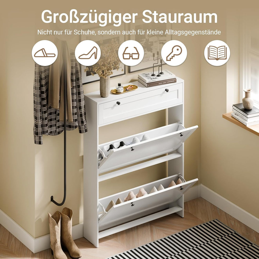 Smalt hvidt skoskab – plads til op til 8 par sko, med skuffer og foldedøre, ideelt gangmøbel til små lejligheder, 80 × 19 × 107 cm