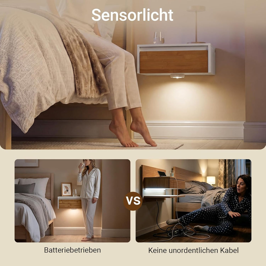 Væghængt natbord med sensorlys og skuffe