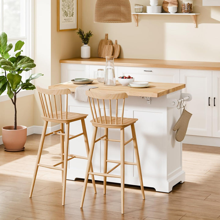 Stor køkkenø på hjul med udtrækkelig bordplade, mobil køkkenvogn med skuffer og opbevaring