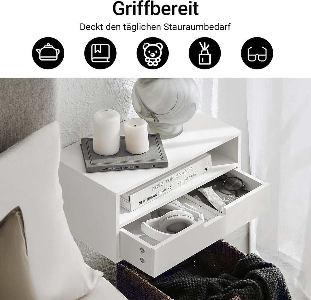 Sæt med 2 vægsengebord - pladsbesparende, skuffe og åbent rum, vægmonteret natbord, B45 x D25 x H22 cm, hvid