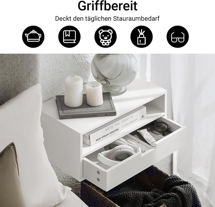 Sæt med 2 vægsengebord - pladsbesparende, skuffe og åbent rum, vægmonteret natbord, B45 x D25 x H22 cm, hvid