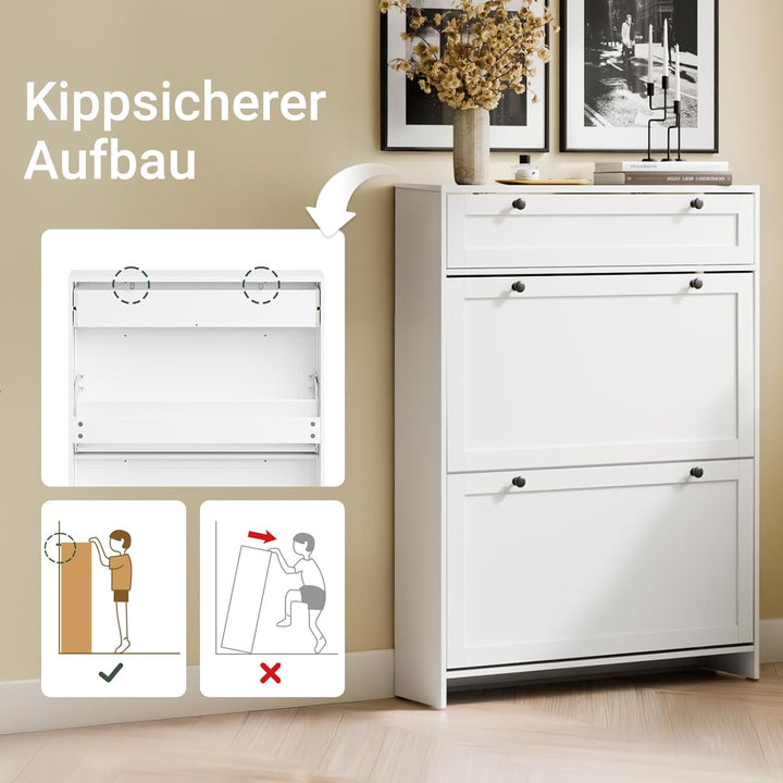 Smalt hvidt skoskab – plads til op til 8 par sko, med skuffer og foldedøre, ideelt gangmøbel til små lejligheder, 80 × 19 × 107 cm