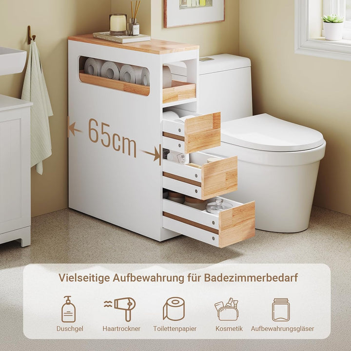 Smalt badeværelsesskab med 3 skuffer, pladsbesparende rullevogn på hjul, velegnet til badeværelse, toilet og køkkenopbevaring, 65x23x82 cm, hvid