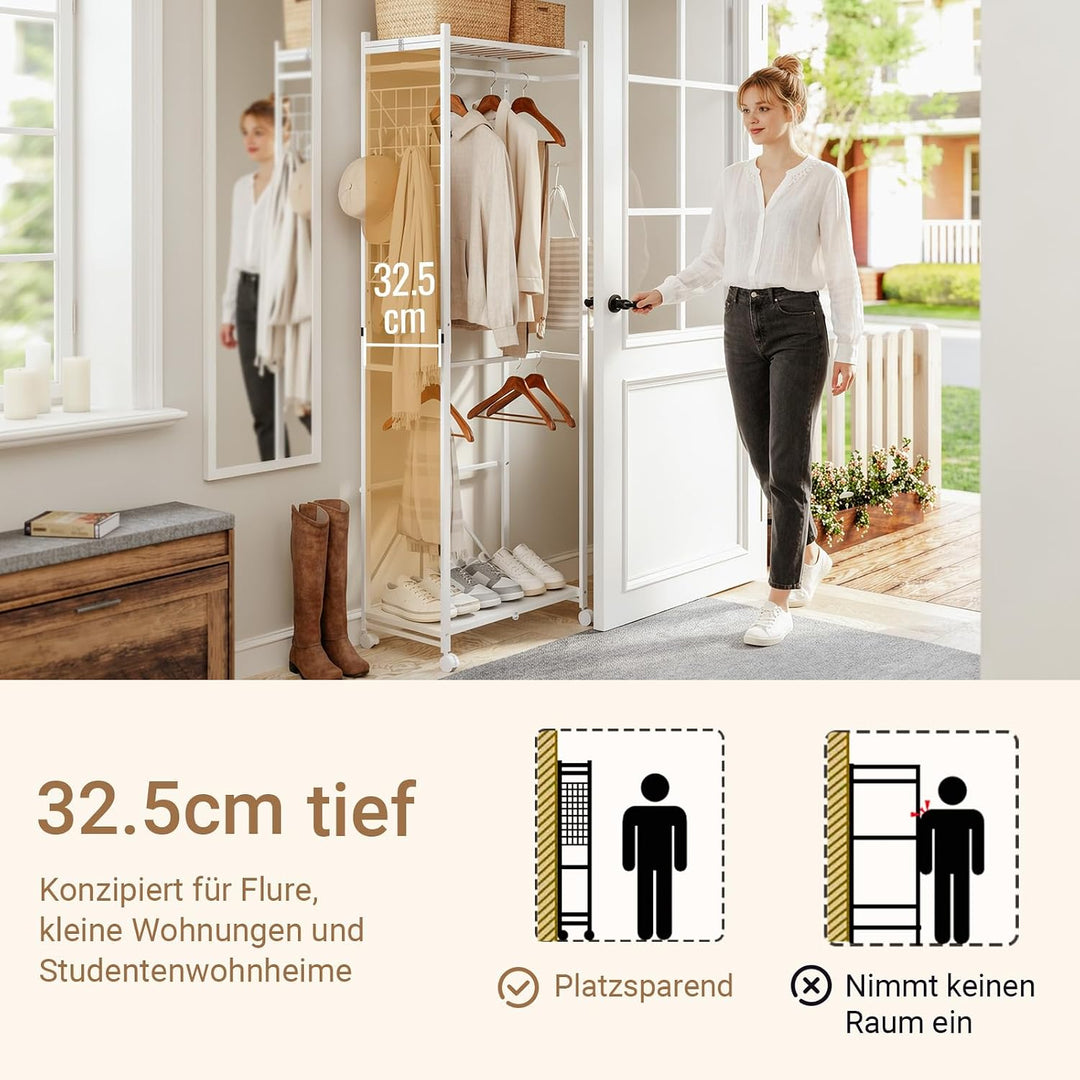 Foldbart tøjstativ smal på hjul, 60,5x32,5x175cm