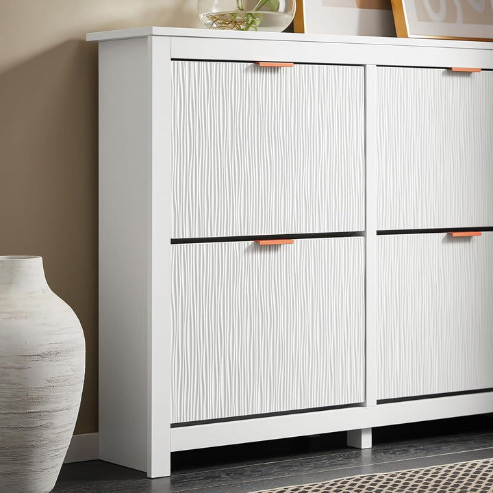 Smalt hvidt skoskab med 4 klaplåger – 8 opbevaringsrum til 16–24 par sko, ideel til entré og gang, 104 × 82 × 23 cm