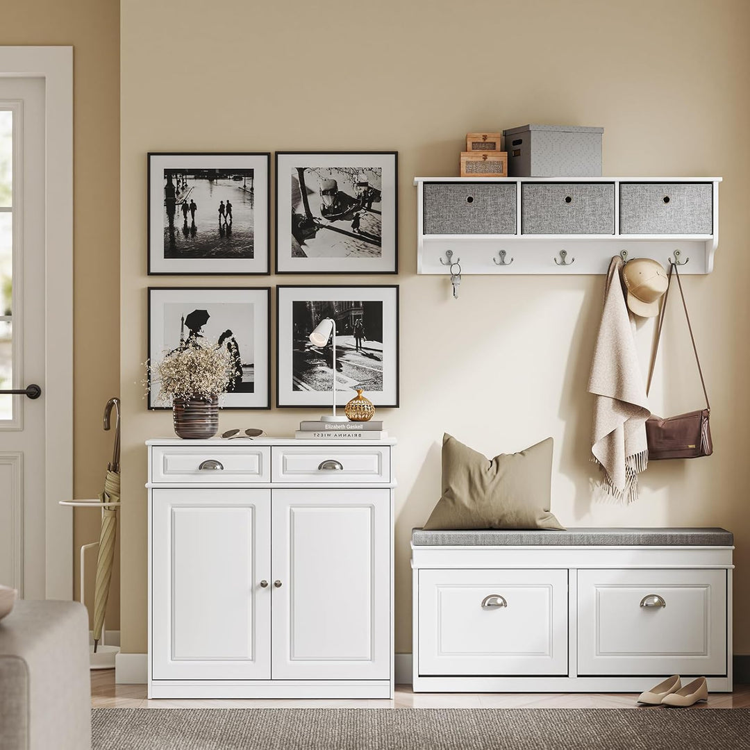 Elegant skoskab & kommode – plads til 12-15 par sko – justerbare hylder & 2 skuffer – hvid MDF