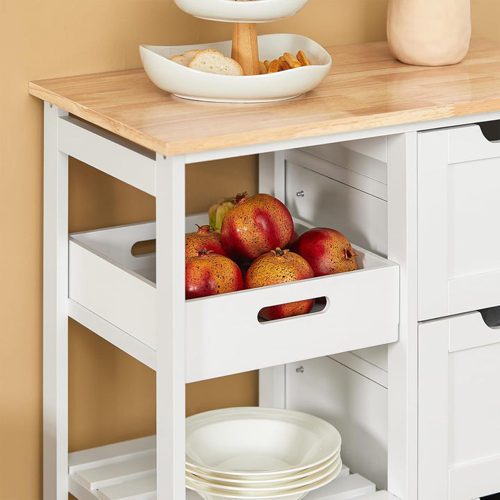 Serveringsvogn med hjul / køkkenvogn med 2 aftagelige hylder og 1 bakke, B68 x D38 x H85 cm, hvid
