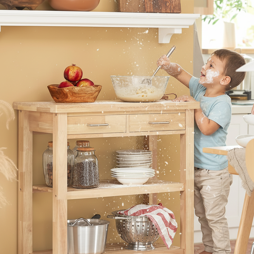 Serveringsvogn i massivt gummitræ – Mobil køkkenvogn med bordplade og hylder