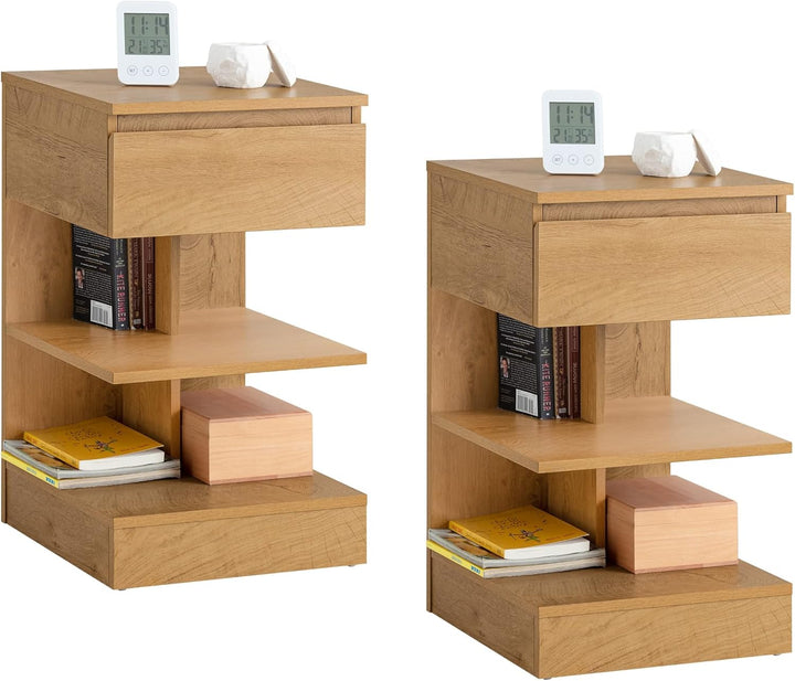 Sæt med 2 smalle sengeborde i natur – moderne natskabe med 1 skuffe og 2 hylder, 39 × 39 × 65 cm