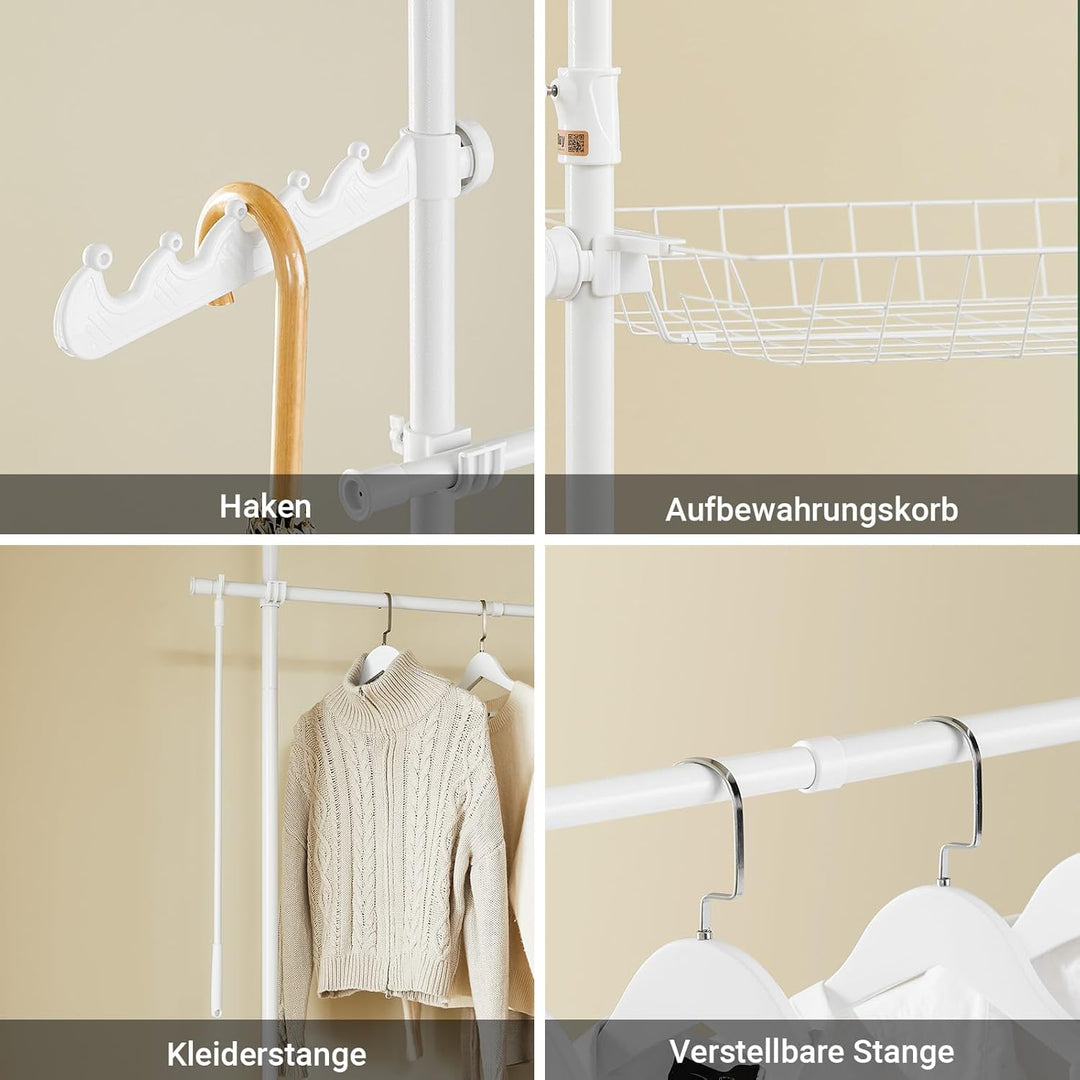 Teleskopisk tøjstativ i hvid – robust, justerbar åben garderobe med hylder