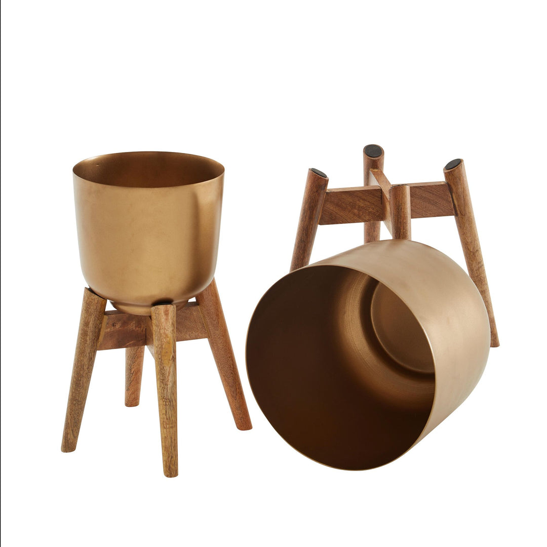 Sæt med 2 metal/massivt træ blomsterpotter, guldfarvede plantekasser med fødder, runde designer plantekasser, blomsterpotter, plantekasser
