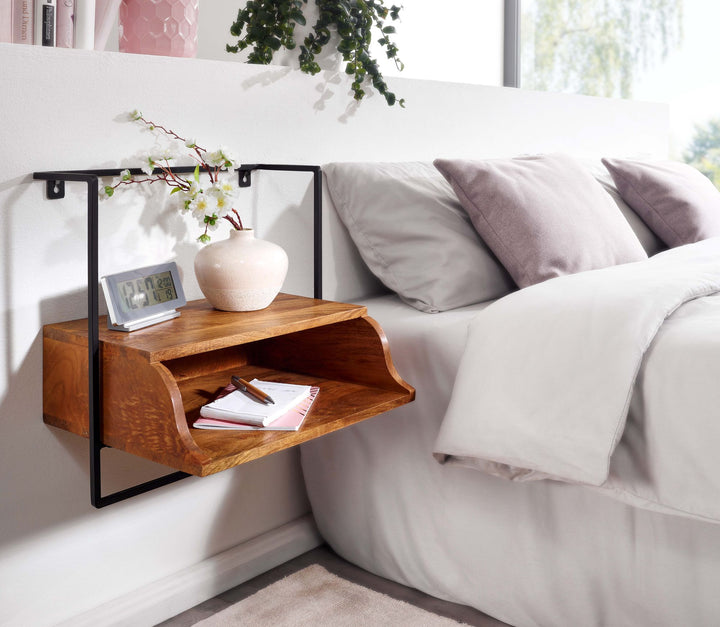 Vægmonteret sengebord 44x45x35 cm, massivt mangotræ, natbord med hylde, svævende væghylde til boxmadrassenge, vægkonsol/hængende sengebord