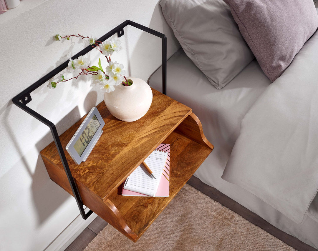 Vægmonteret sengebord 44x45x35 cm, massivt mangotræ, natbord med hylde, svævende væghylde til boxmadrassenge, vægkonsol/hængende sengebord