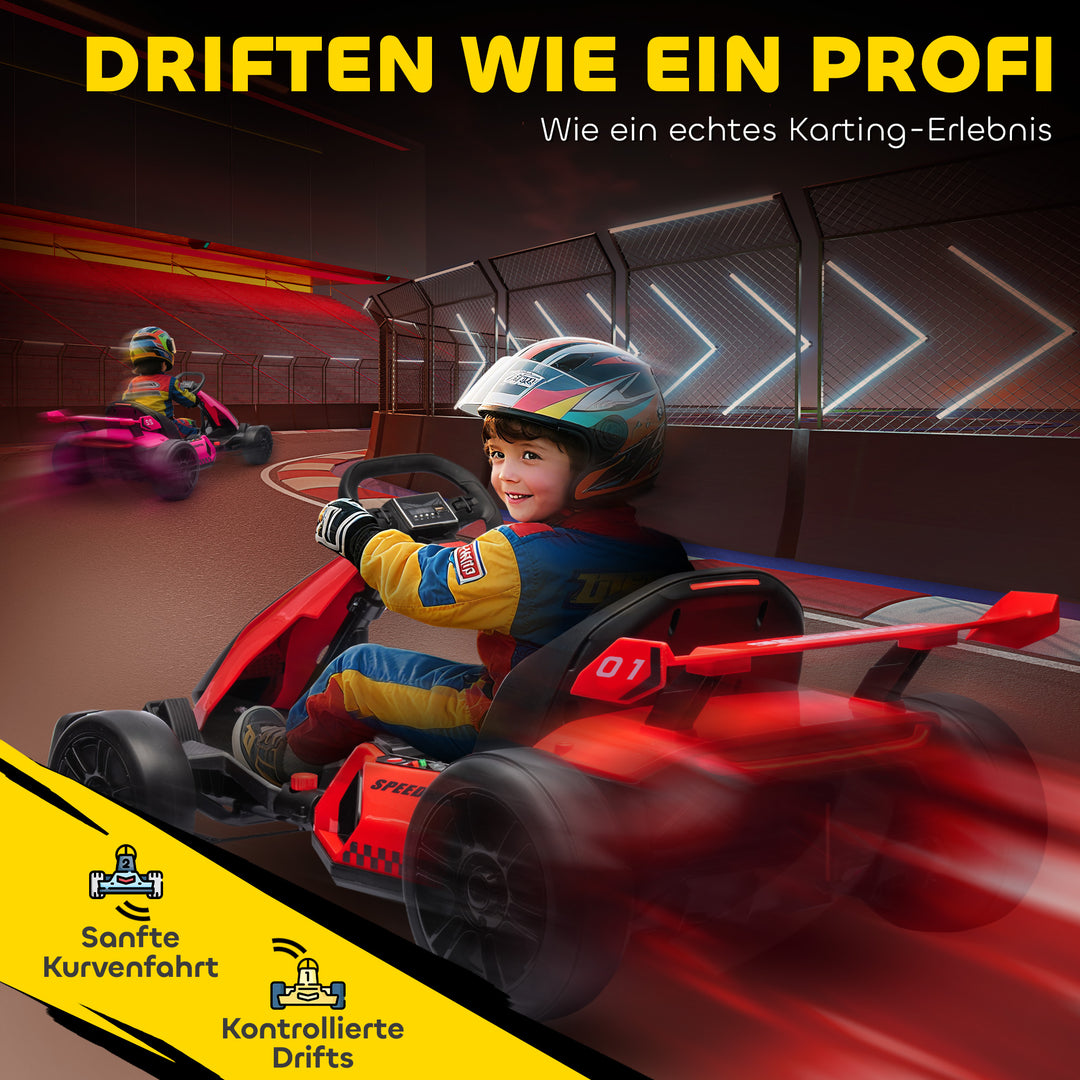 Gokart til børn, elektrisk kart med horn og musikfunktion, justerbart sæde, op til 12 km/t, plastik, metal, rød