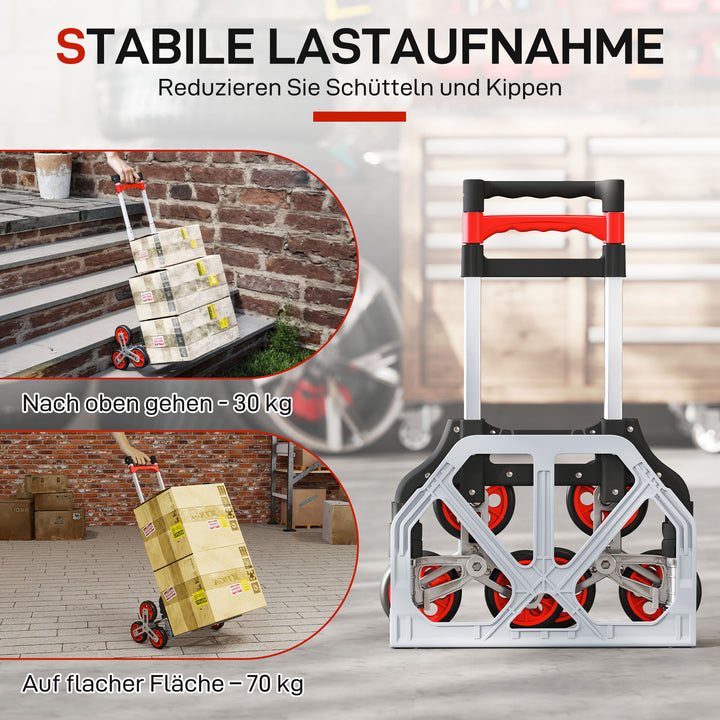 Sammenklappelig trappevogn, 6-hjulet system, lasteevne 70 kg, aluminium, rød