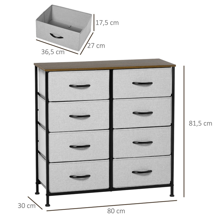 Kommode med 8 stofskuffer, metalramme, hylde, 80 x 30 x 81,5 cm, grå/sort