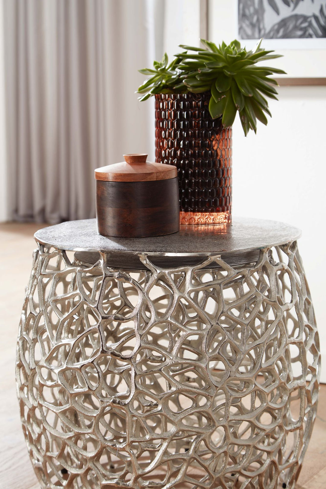 Sidebordsæt med 2, aluminium, sølvdesign, indskudsborde, metal, rundt, stuebord, sofabord, grenstruktur, moderne, 2-delt sofabord til stuen