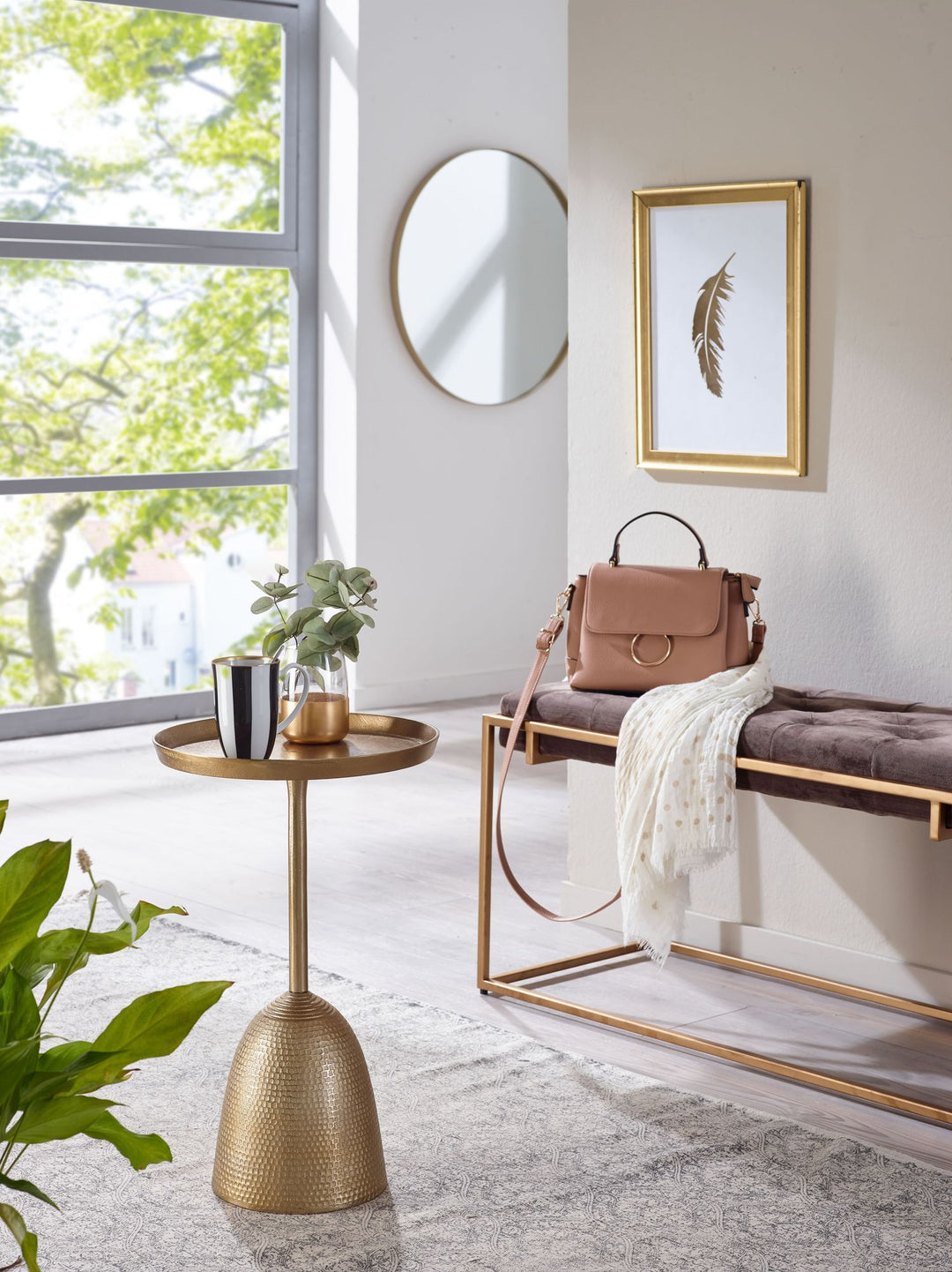 Guld sidebord 33x33x53 cm, aluminiums endebord, lille rundt metal sofabord, moderne stuebord, højt sofabord