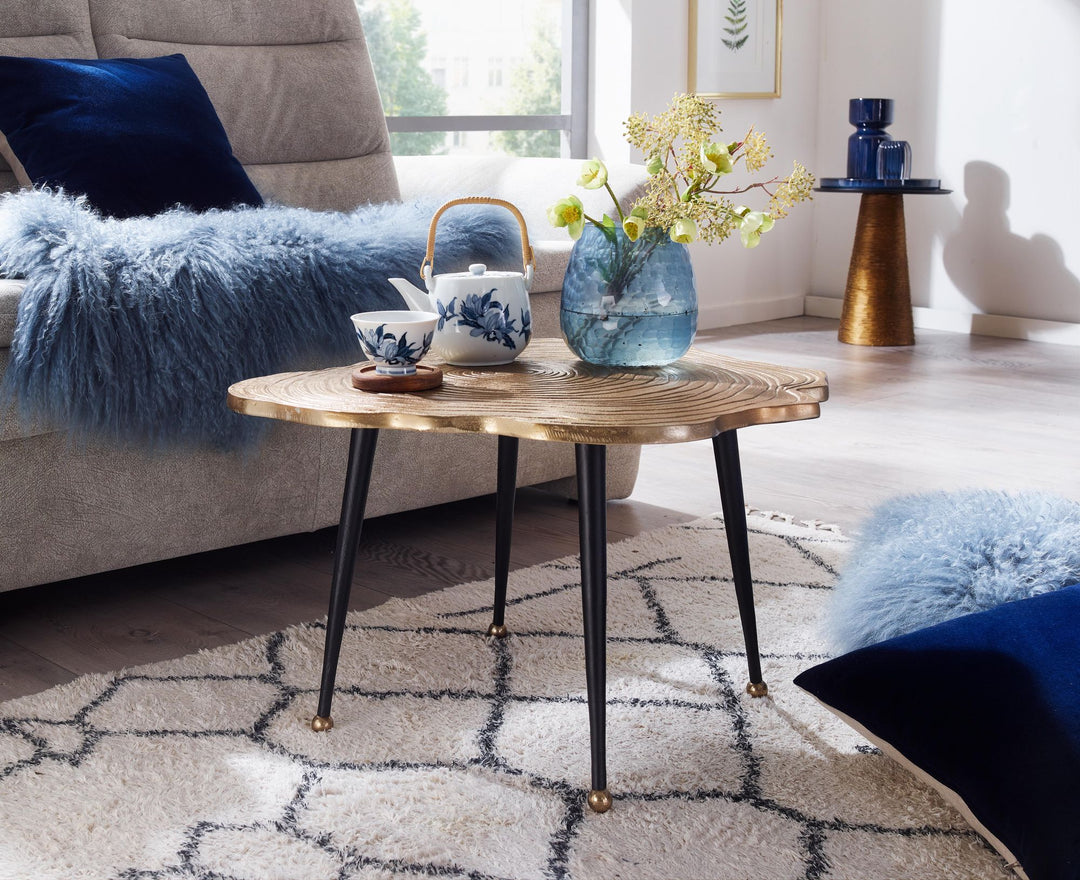 Aluminium sofabord med træskivedesign, 64x64x37 cm, metal sofabord i guld, rundt designer stuebord, lille moderne sofabord, sidebord til stuen