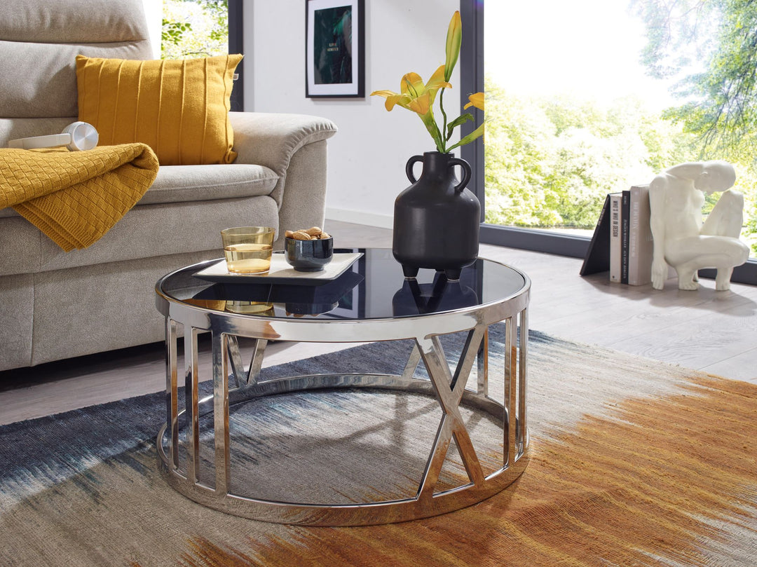 Sofabord i glas og metal, 60x60x30 cm, sølv sofabord, rundt designer stuebord, lille moderne sofabord, sidebord til stuen