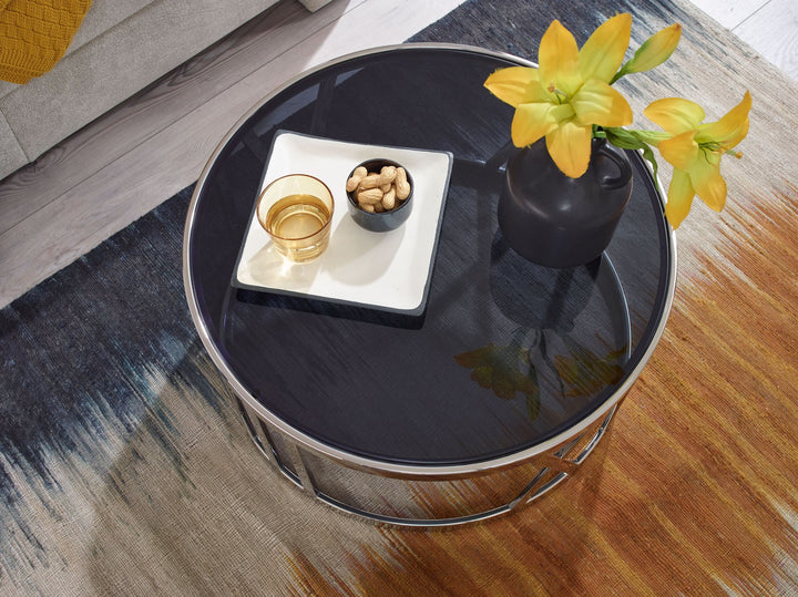Sofabord i glas og metal, 60x60x30 cm, sølv sofabord, rundt designer stuebord, lille moderne sofabord, sidebord til stuen
