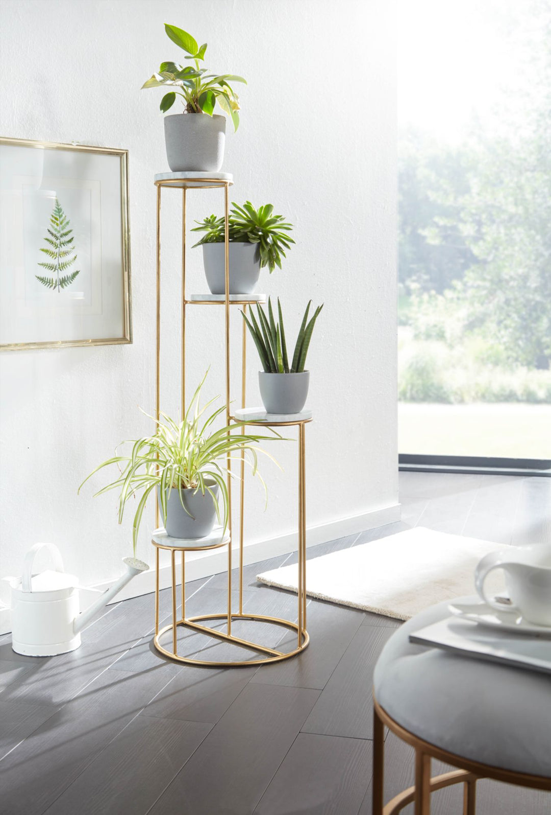 Blomsterstativ, ægte marmor, hvid, 36,5 x 107,5 x 36,5 cm, plantestativ, stående, guldfarvet, blomsterskammel, stue, fritstående med 4 hylder, plantehylde, blomsterhylde, stor, moderne
