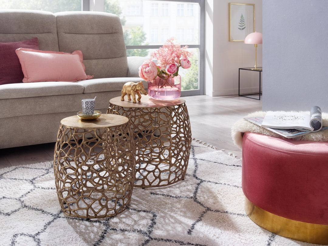 Sidebordsæt med 2, aluminium, gulddesign, indskudsborde, metal, rundt, stuebord, sofabord, grenstruktur, moderne, 2-delt sofabord til stuen