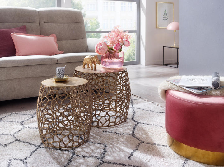 Sidebordsæt med 2, aluminium, gulddesign, indskudsborde, metal, rundt, stuebord, sofabord, grenstruktur, moderne, 2-delt sofabord til stuen