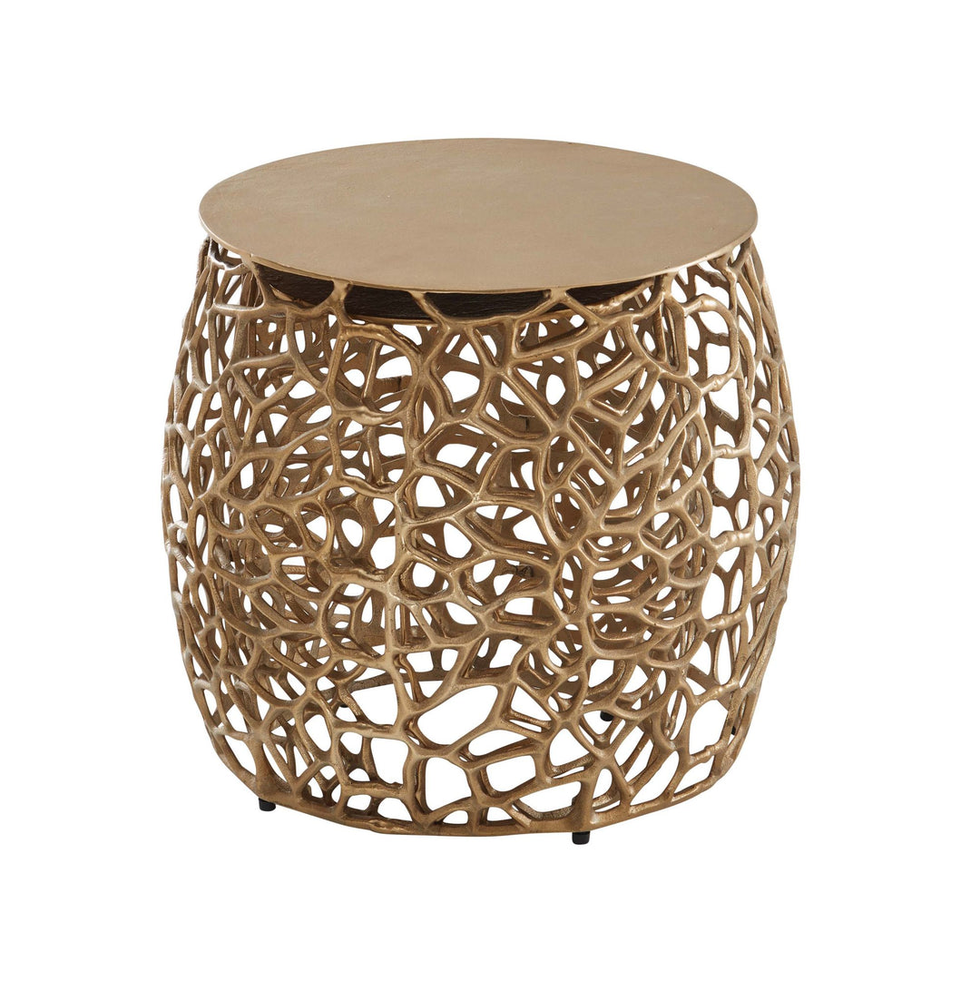 Sidebordsæt med 2, aluminium, gulddesign, indskudsborde, metal, rundt, stuebord, sofabord, grenstruktur, moderne, 2-delt sofabord til stuen