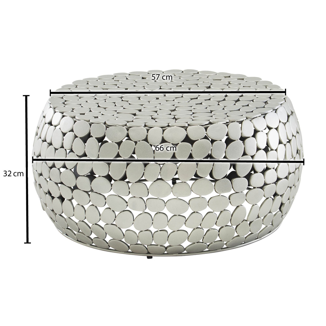 Metal sofabord, sølv, 66x66x32 cm; Aluminium sofabord; Rundt designer stuebord; Lille moderne sofabord; Sidebord/endebord til stuen