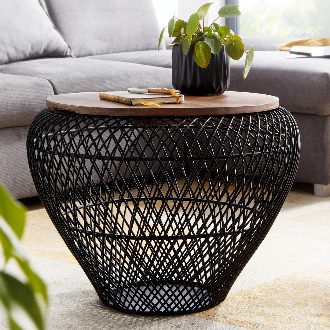 Sofabord, massivt mangotræ, metal, 60x60x45 cm, sort, rundt med opbevaring, designer stuebord, fletbord, moderne sidebord, sofabord til stuen