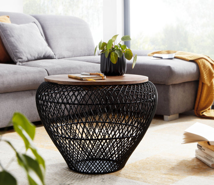 Sofabord, massivt mangotræ, metal, 60x60x45 cm, sort, rundt med opbevaring, designer stuebord, fletbord, moderne sidebord, sofabord til stuen