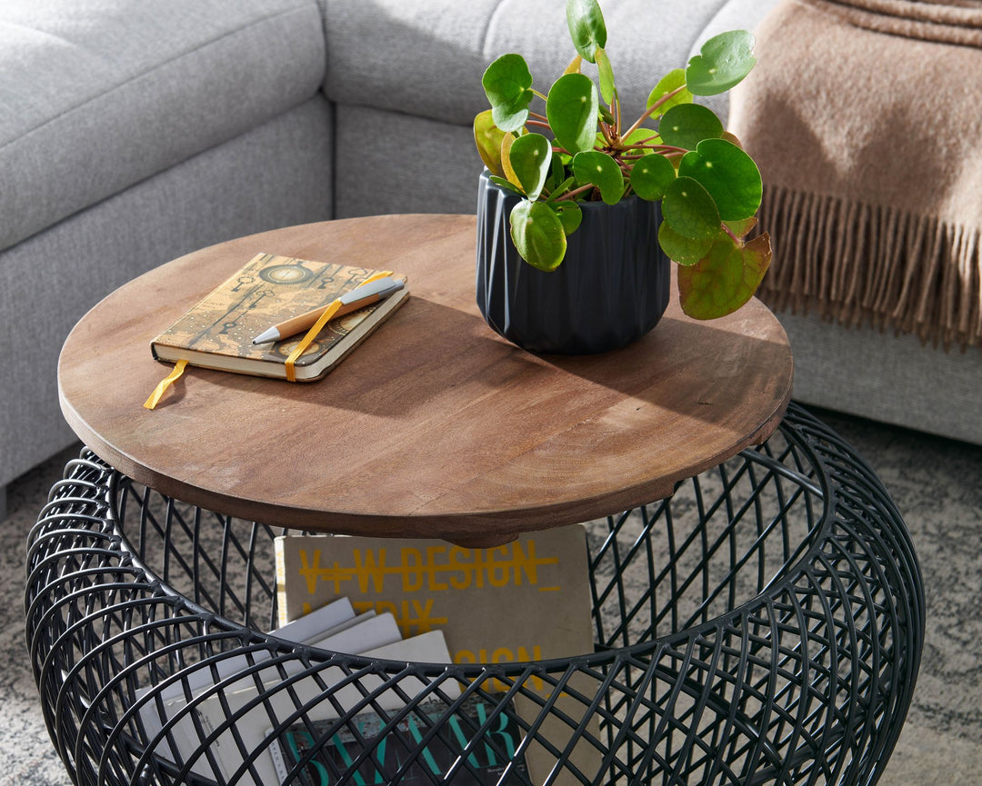 Sofabord, massivt mangotræ, metal, 60x60x45 cm, sort, rundt med opbevaring, designer stuebord, fletbord, moderne sidebord, sofabord til stuen