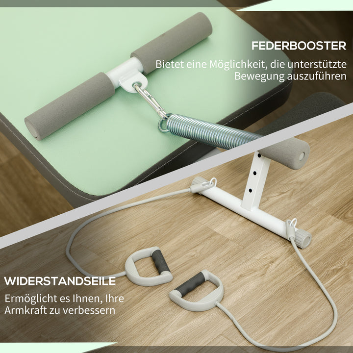 Træningsbænk, mavetræner, højdejusterbar, foldbar, 2 elastikker, stål, grøn, 51 x 137 x 50-66 cm