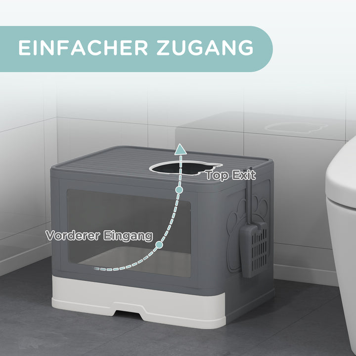 Kattebakke med låg, 2 udløb, 48,5 x 38 x 36,5 cm, grå + hvid