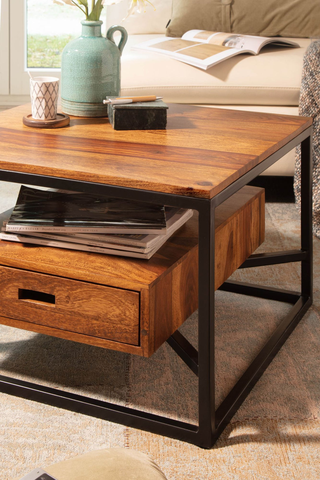 Sofabord 60x60x40 cm, massivt sheeshamtræ/metal, firkantet sofabord, designer sofabord med skuffe til stuen, lille sidebord, moderne stuebord