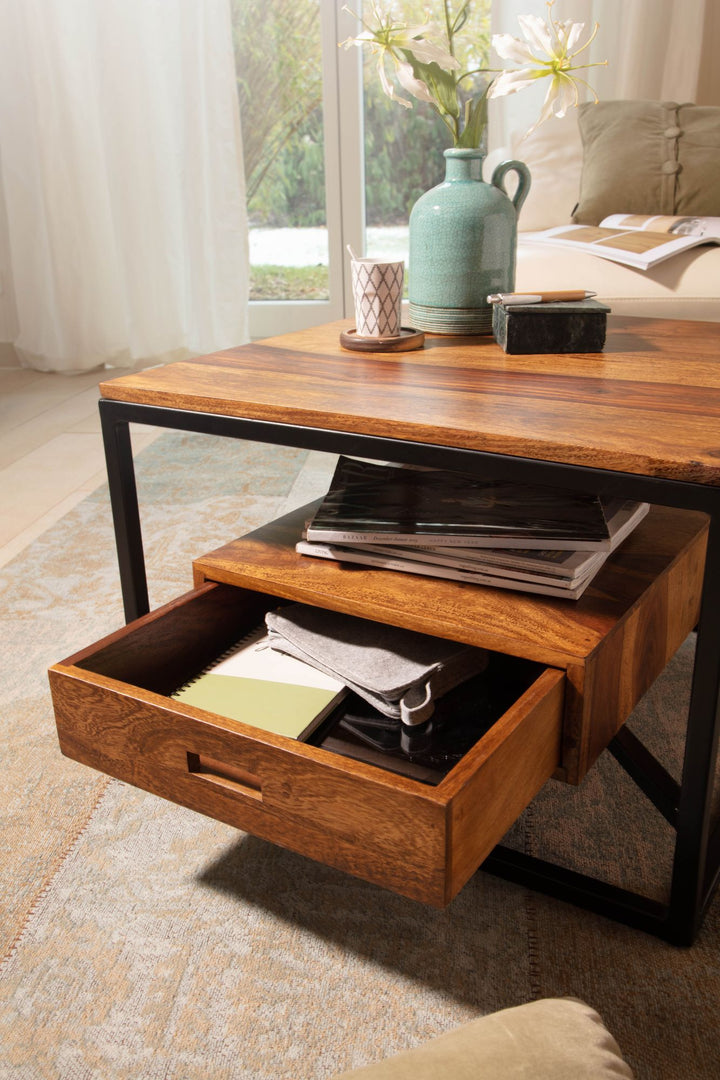 Sofabord 60x60x40 cm, massivt sheeshamtræ/metal, firkantet sofabord, designer sofabord med skuffe til stuen, lille sidebord, moderne stuebord