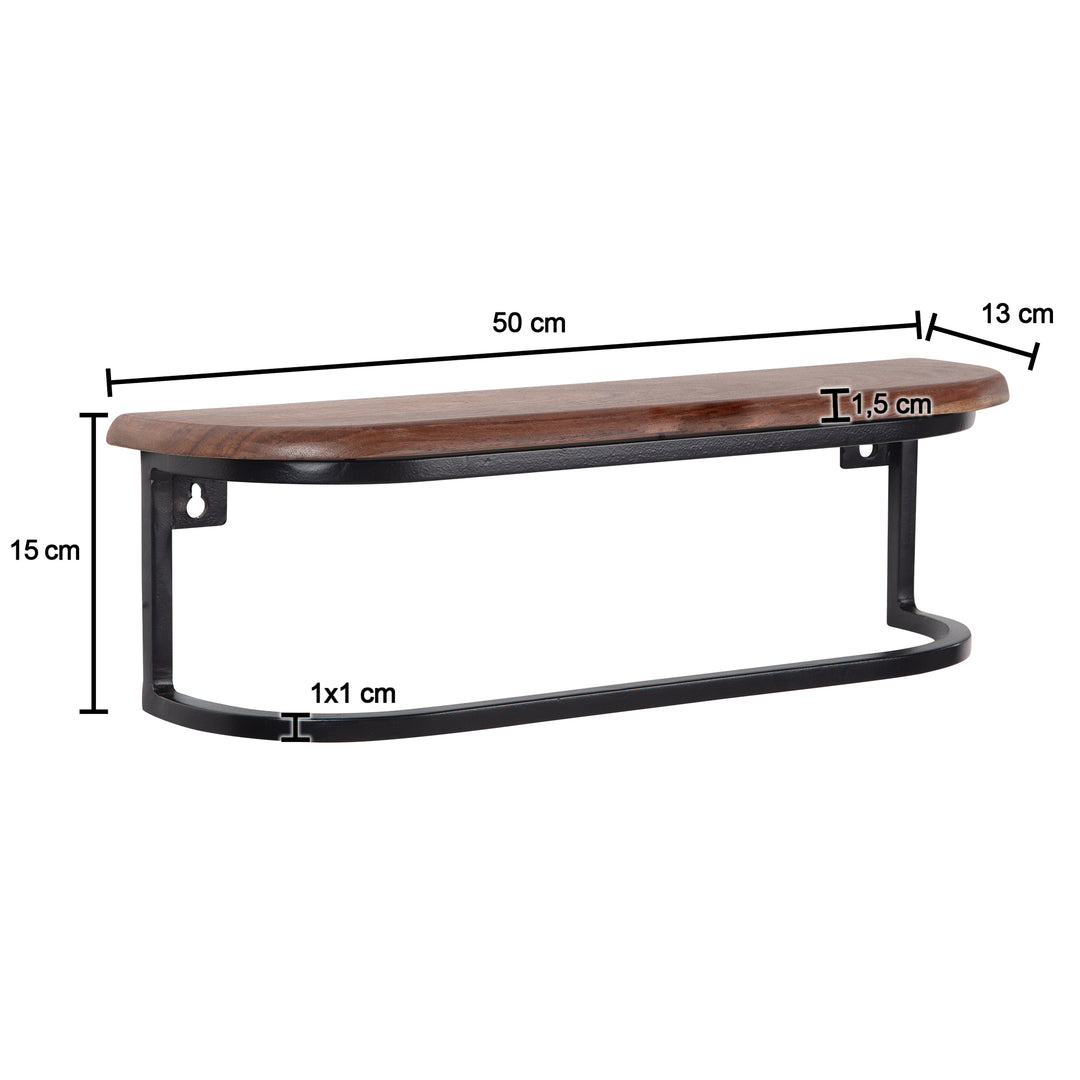 Væghylde i massivt sheeshamtræ og metal - 50 cm