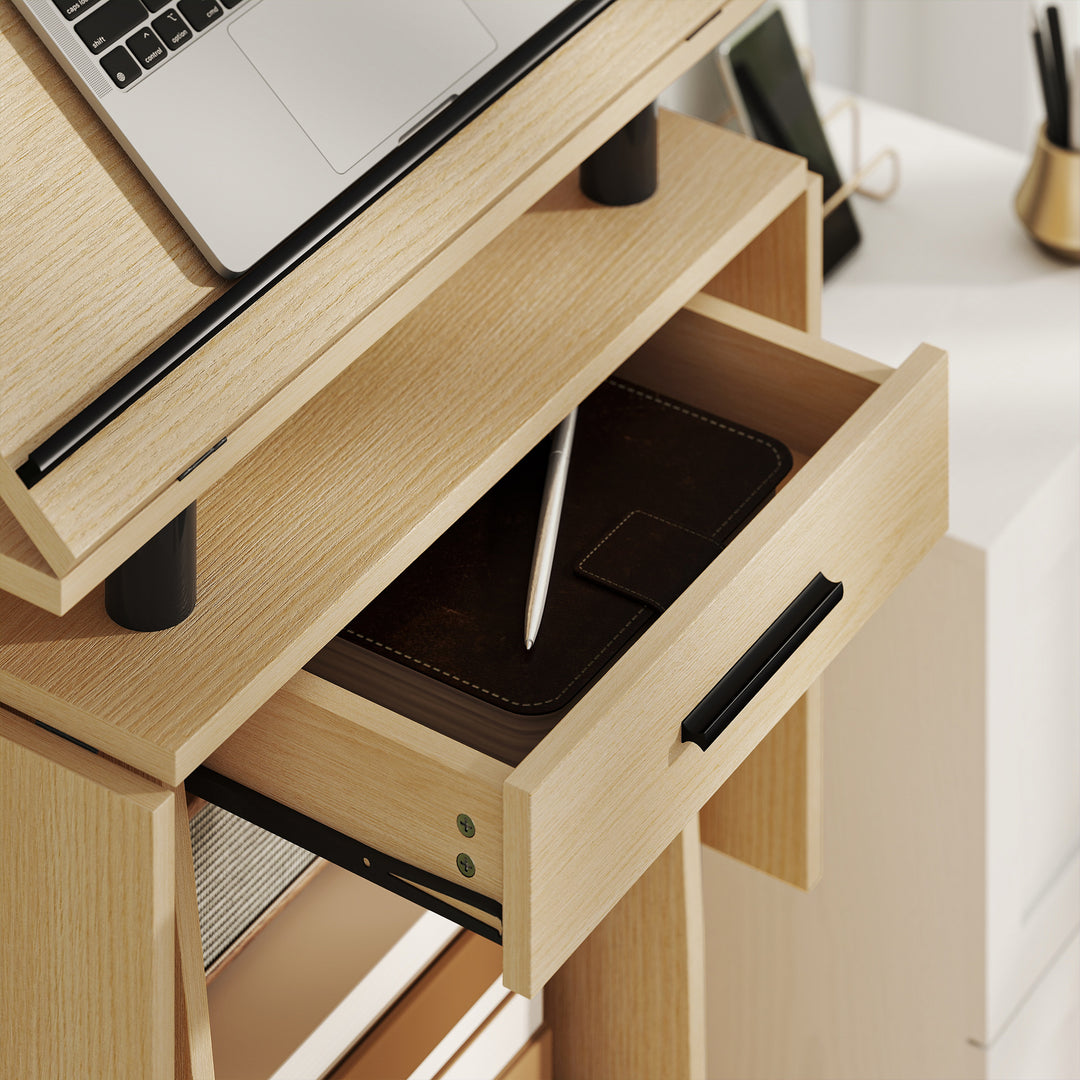 Rullende podiumstativ, talerpult med foldbare sidevinger, laptopbord med skuffe og hylder, egetræslook