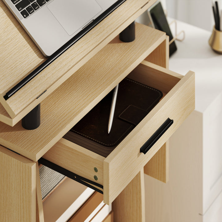 Rullende podiumstativ, talerpult med foldbare sidevinger, laptopbord med skuffe og hylder, egetræslook