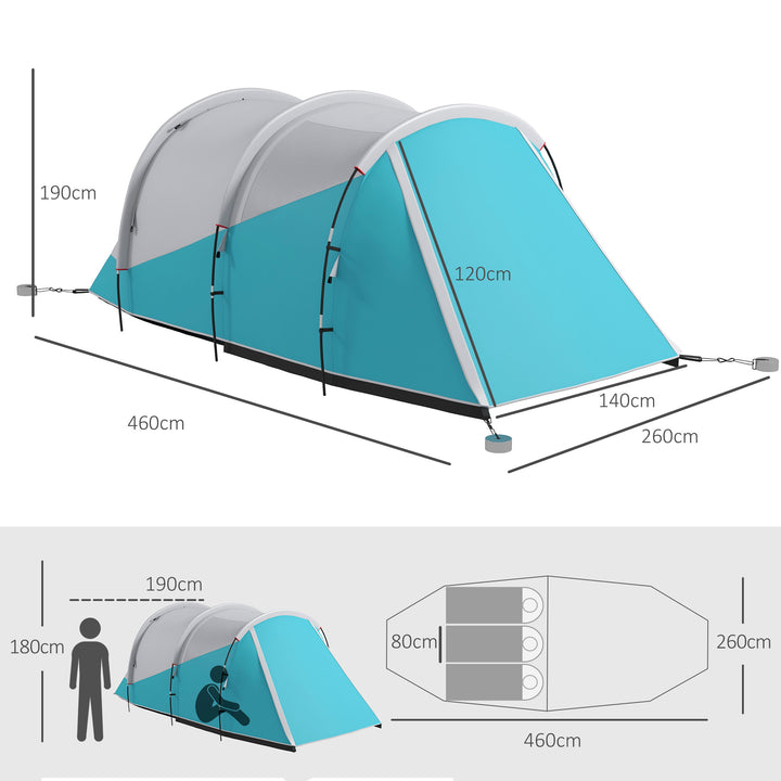 Campingtelt til 3 personer, separat opholds- og soveområde, 460L x 260B x 190H cm, blå